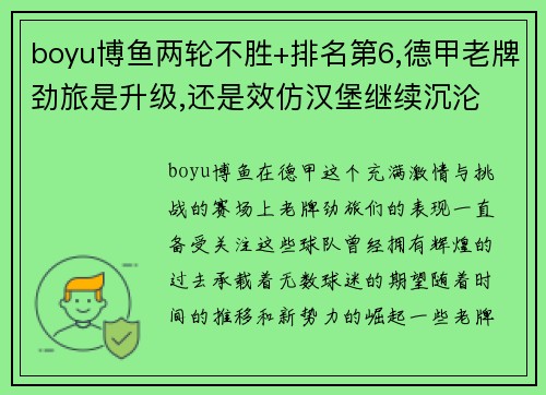 boyu博鱼两轮不胜+排名第6,德甲老牌劲旅是升级,还是效仿汉堡继续沉沦 - 副本