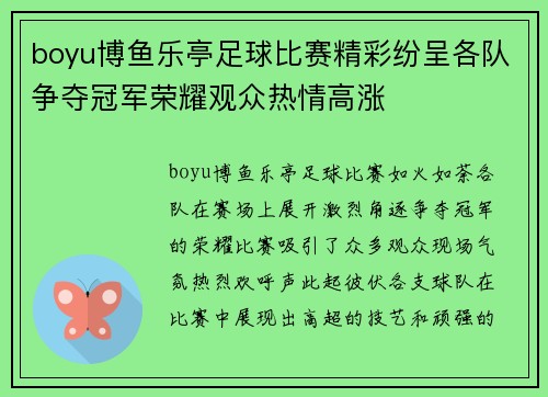 boyu博鱼乐亭足球比赛精彩纷呈各队争夺冠军荣耀观众热情高涨