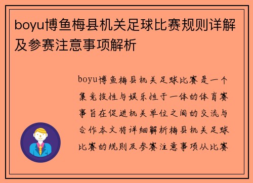 boyu博鱼梅县机关足球比赛规则详解及参赛注意事项解析